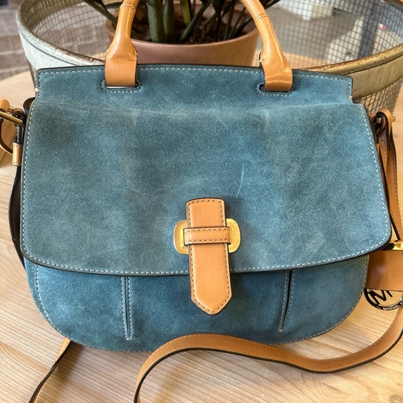 MICHAEL KORS ROMY DENIM BLUE SUEDE BROWN CROSSBODY MESSENGER BAG SATCHEL - Picture 2 of 16